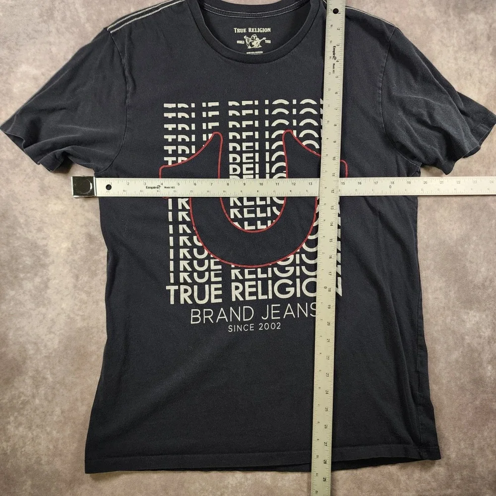 True Religion T-Shirt Large Black Graphic Horseshoe Logo Cotton Short Sleeve